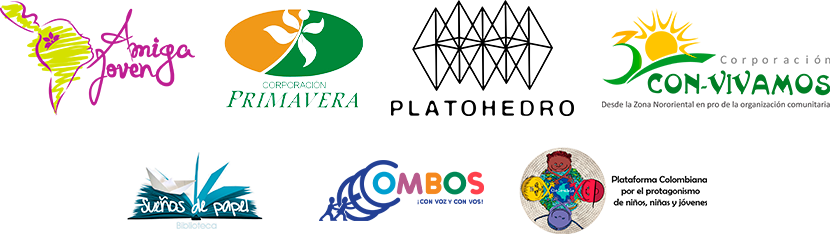 Logotipos de las organizaciones Amiga Joven, Corporación Primavera, Corporación Con-Vivamos, Biblioteca Sueños de Papel, Combos y Plataforma Tres Voces